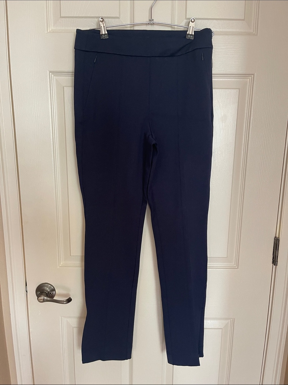 White House Black Market Navy Straight-Leg Side Zip Pants with Zip at Ankle